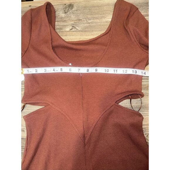 Open Edit Ribbed Cutout Mini Dress Size Small Long Sleeve Women Brown Chino. 7 - Picture 7 of 8